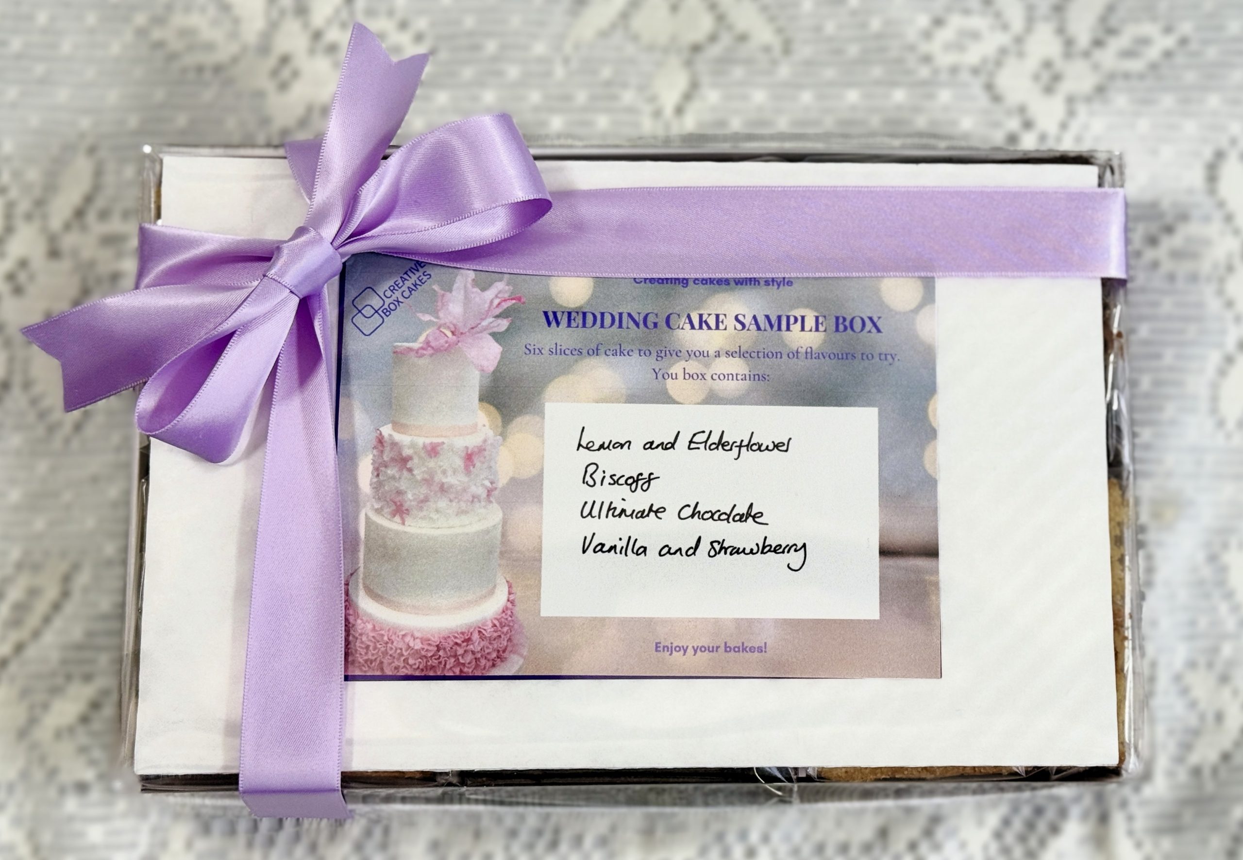 Wedding cake sample box purple bow